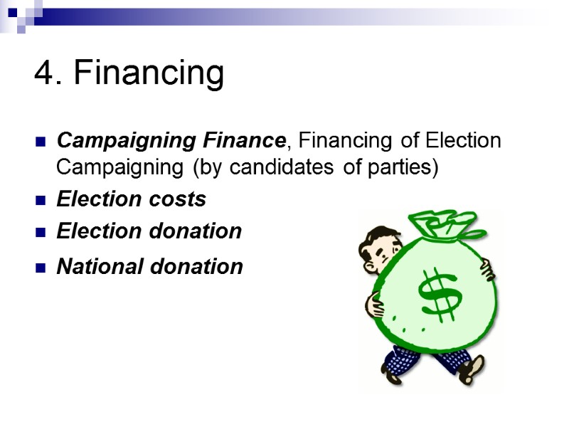 4. Financing Campaigning Finance, Financing of Election Campaigning (by candidates of parties)  Election